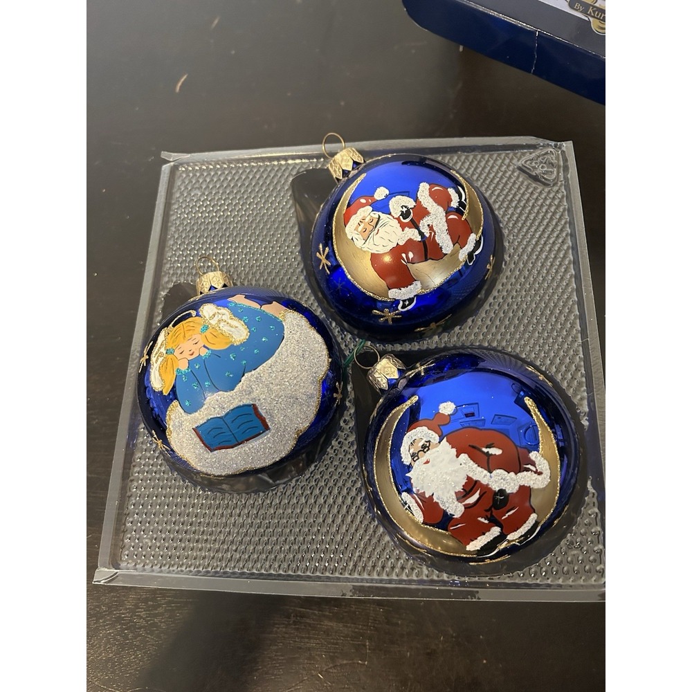 Hand Painted Christmas Santa Claus (2) & Angel (1) Ornaments Blue Glitter